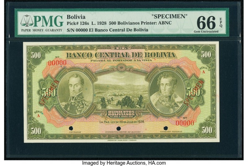 Bolivia Banco Central 500 Bolivianos 20.7.1928 Pick 126s Specimen PMG Gem Uncirc...