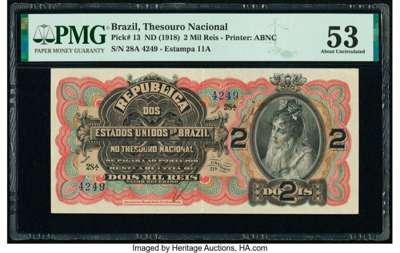 Brazil Thesouro Nacional 2 Mil Reis ND (1918) Pick 13 PMG About Uncirculated 53....