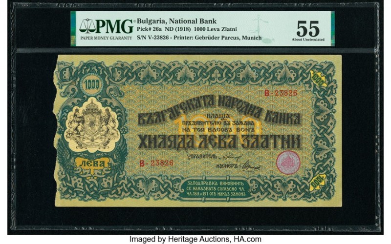 Bulgaria Bulgaria National Bank 1000 Leva Zlatni ND (1918) Pick 26a PMG About Un...