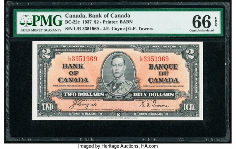 Canada Bank of Canada $2 2.1.1937 Pick 59c BC-22c PMG Gem Uncirculated 66 EPQ. 
...