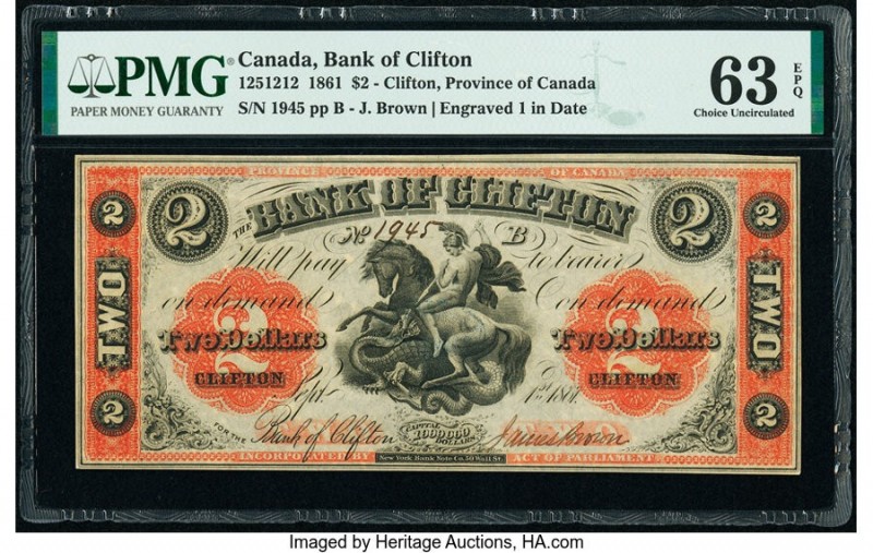 Canada Clifton, PC- Bank of Clifton $2 1.9.1861 Pick S1664b Ch.# 125-12-12 PMG C...
