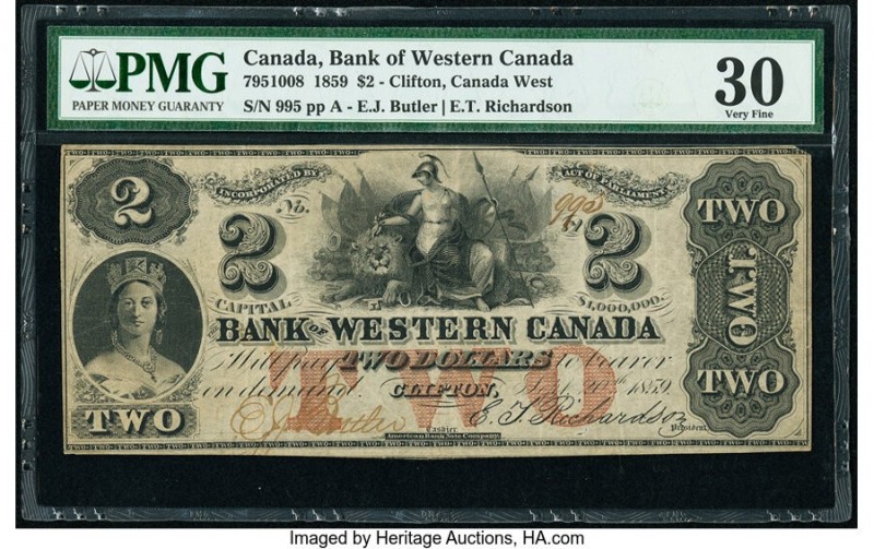 Canada Clifton, CW- Bank of Western Canada $2 20.9.1859 Pick S2039 Ch.# 795-10-0...