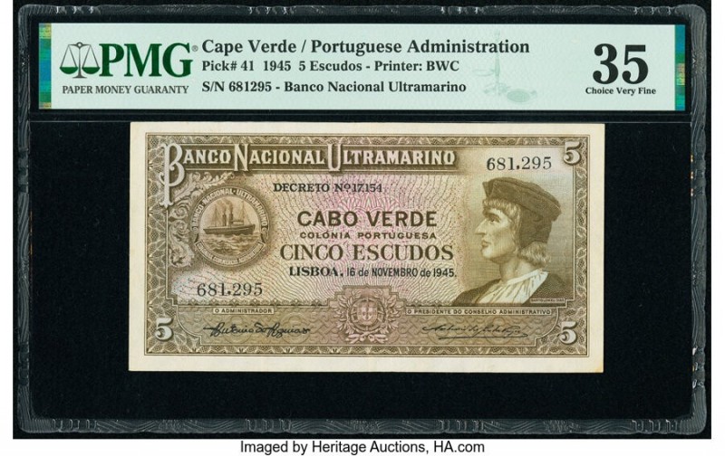 Cape Verde Banco Nacional Ultramarino 5 Escudos 16.11.1945 Pick 41 PMG Choice Ve...
