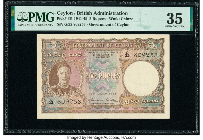Ceylon Government of Ceylon 5 Rupees 12.7.1944 Pick 36 PMG Choice Very Fine 35. ...