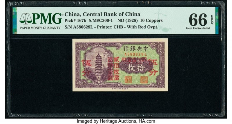 China Central Bank of China 10 Coppers ND (1928) Pick 167b S/M#C300-1 PMG Gem Un...