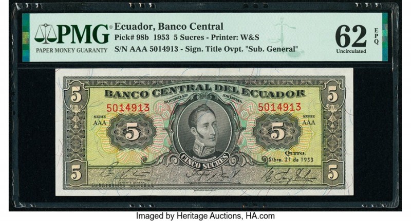 Ecuador Banco Central del Ecuador 5 Sucres 1953 Pick 98b PMG Uncirculated 62 EPQ...