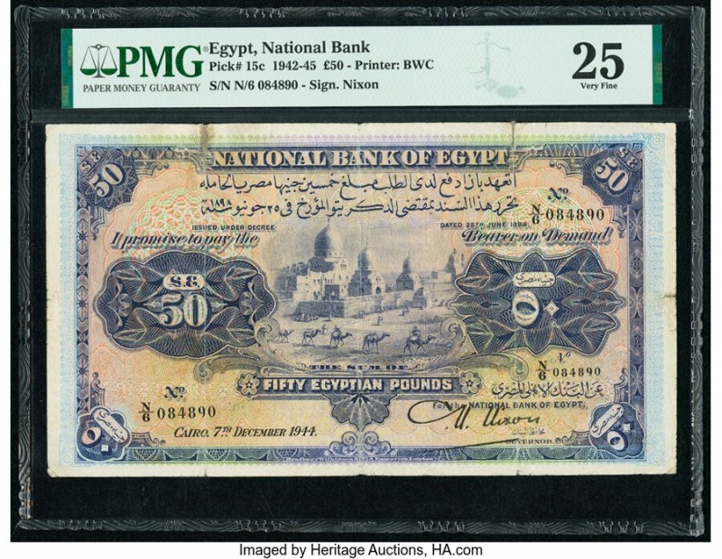 Egypt National Bank of Egypt 50 Pounds 1942-45 Pick 15c PMG Very Fine 25. Repair...