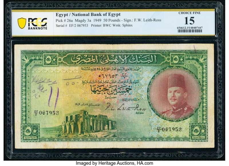 Egypt National Bank of Egypt 50 Pounds 1949 Pick 26a PCGS Choice Fine 15. Writin...