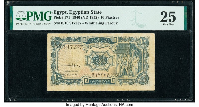 Egypt Egyptian State 10 Piastres 1940 (ND 1952) Pick 171 PMG Very Fine 25. 

HID...