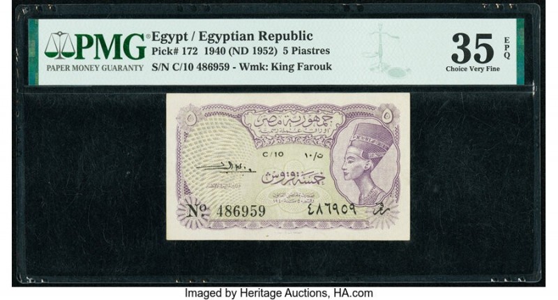 Egypt Egyptian Republic 5 Piastres 1940 (ND 1952) Pick 172 PMG Choice Very Fine ...