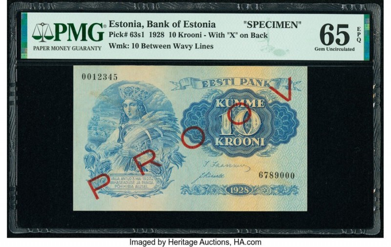 Estonia Bank of Estonia 10 Krooni 1928 Pick 63s1 Specimen PMG Gem Uncirculated 6...