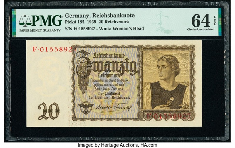 Germany German Gold Discount Bank 20 Reichsmark 16.6.1939 Pick 185 PMG Choice Un...