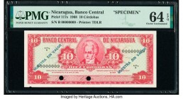 Nicaragua Banco Central 10 Cordobas 25.5.1968 Pick 117s Specimen PMG Choice Uncirculated 64 EPQ. Cancelled with 2 punch holes. As made punch in the ma...