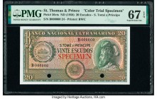 Saint Thomas and Prince Banco Nacional Ultramarino 20 Escudos ND (1958) Pick 36cts Color Trial Specimen PMG Superb Gem Unc 67 EPQ. Cancelled with 2 pu...