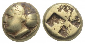 Greek IONIA. Phokaia. Circa 478-387 BC. Hekte (Electrum, 9.86 mm, 2.55g)
. Head of a female to left; below, seal to left. Rev. Quadripartite incuse sq...