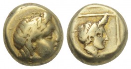 Greek Lesbos, Mytilene Hekte - 1/6 Stater. Circa 375-325 BC. 2.54gr 10.11mm
Laureate head of Apollo to right / Head of female to right within linear s...