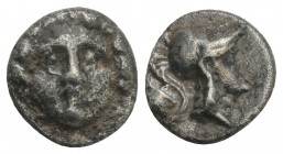 Greek Pisidia. Selge 250-190 BC. Obol AR 9.5mm, 0.9gr 
Facing gorgoneion / Helmeted head of Athena right; astragalos to left. good very fine SNG Ashmo...