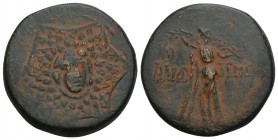 Greek PAPHLAGONIA. Amastris. Circa 85-65 BC. AE 8.1gr 22.6mm
Aegis. Rev. AMAΣ-TPE[ΩΣ] Nike advancing right, holding wreath in her right hand and palm ...
