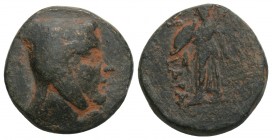 Greek Cappadocian Kingdom. Ariarathes III. 230-220 B.C. AE 4.1gr 16.5mm
Obv: Head of Ariarathes III left wearing bashlyk with ear and neck flaps on ba...