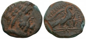 Greek Lydia, Tralleis. 2nd-1st centuries B.C. AE 21.1 mm, 5.2 g.
 Laureate head of Zeus right / TPAΛΛIANΩN, eagle standing right on thunderbolt
