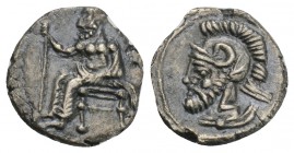 Greek CILICIA. Tarsos. Pharnabazos (Persian military commander, 380-374/3 BC). Obol. 0.5gr 10.7mm
Obv: Baaltars seated left on throne, holding lotus-t...