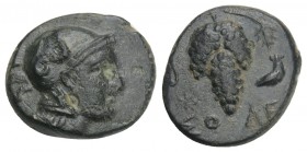 Greek CILICIA.Soloi. 4th century BC. AE 1.8GR 13.3mm
Helmeted head of Athena right Rev: Grape bunch; star to left, owl to right SNG France 189 