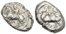 Greek Cilicia. Kelenderis circa 430-420 BC. Stater AR 22.1 mm, 10,6 g
Youthful male kalpe rider, holding reins in his right hand and goad in his left,...