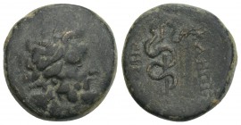 Greek Mysia, Pergamon. Ca. 200-113 B.C. AE 15 16.7 mm, 3.7 g, 
 Laureate head of Asklepios (or Zeus) right / ΑΣΚΛΗΠΙΟΥ / ΣΩΤΗΡΟΣ, serpent-entwined sta...