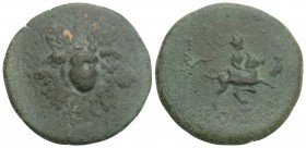 Greek Cilicia, Soloi. Ca. 100-30 B.C. AE 9.5gr 25.9 mm Winged gorgoneion facing slightly right in the center of an aegis / ΣOΛEΩN,
 Aphrodite, turrete...