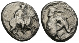 Greek Coins Cilicia, Kelenderis, 430 - 420 BC Silver Stater, 21.7mm, 9.5 gr Obverse: Naked youth holding whip dismounting from a horse rearing to left...