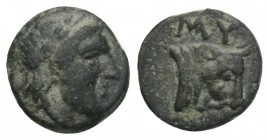 LESBOS. Mytilene. Ae (Circa 400-350 BC). 0.6gr 8.9mm
 Obv: Laureate head of Apollo right. Rev: MY. Head and neck of bull right, head slightly facing; ...