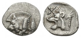 Greek Mysia. Kyzikos circa 450-400 BC. Hemiobol AR 9 mm, 0,4 g 
Forepart of boar left; tunny upward to right / Head of roaring lion left, with star to...
