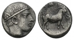 Thrace, Ainos AR Diobol. Circa 435-405 BC. 1.2gr 10.1mm
 Head of Hermes to right, wearing petasos, AINI on helmet / Goat standing to right; [AI]NI abo...