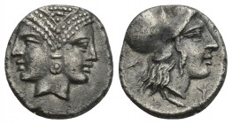 Greek Mysia, Lampsakos. 4th-3rd centuries B.C. AR diobol 1.2gr 11.9mm 
Female janiform head / ΛAM, head of Athena right, wearing crested Corinthian he...