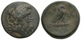 Greek Phrygia. Amorion 200-100 BC. Bronze Æ 20.5mm., 7.9g.
 Laureate head of Zeus right / Eagle standing right on thunderbolt, with kerykeion over sho...