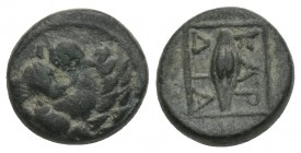 Greek Coins THRACE. Kardia. Ae (Circa 350-309 BC). 1.4gr 10.4mm
Obv: Head of lion right. Rev: ΚΑΡΔΙΑ. Legend between corn grain within linear square. ...