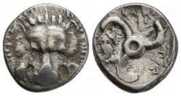 Greek Dynasts of Lykia, Perikles AR Third Stater. Circa 380-360 BC. 3.1Gr 15.5 mm
 Facing lion's scalp / Triskeles, Lykian legend around; head of Herm...