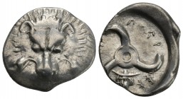 Greek Dynasts of Lykia, Perikles AR Third Stater. Circa 380-360 BC. 3.1 gr 18.2mm
 Facing lion's scalp / Triskeles, Lykian legend around; head of Herm...