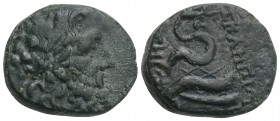 Greek Mysia, Pergamon. Ca. 200-113 B.C. AE 15 (20.3 mm, 8.1 g, ). 
Laureate head of Asklepios (or Zeus) right / ΑΣΚΛΗΠΙΟΥ / ΣΩΤΗΡΟΣ, serpent-entwined ...