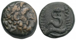 Greek Mysia, Pergamon. Ca. 200-113 B.C. AE 15 (18.8 mm, 9.2 g, ). 
Laureate head of Asklepios (or Zeus) right / ΑΣΚΛΗΠΙΟΥ / ΣΩΤΗΡΟΣ, serpent-entwined ...
