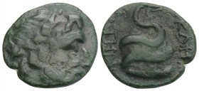 Greek Mysia, Pergamon. Ca. 200-113 B.C. AE 15 (19.2 mm, 3.8 g, ). 
Laureate head of Asklepios (or Zeus) right / ΑΣΚΛΗΠΙΟΥ / ΣΩΤΗΡΟΣ, serpent-entwined ...