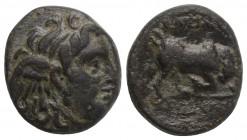 Greek Seleukid Kings. Seleukos I Nikator (312-281 BC). Ae. Sardes. 2.8 gr 14.8mm. Winged head of Medusa right/ Bull butting right