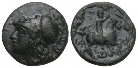Greek Aiolis, Elaia Æ9. After 340 BC. 3.3gr 15.9mm
 Head of Athena L. , wearing crested Corinthian helmet / Rider on horseback right, with arm raised,...