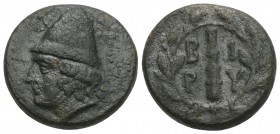 Greek Coins TROAS. Birytis. Ae (4th-3rd centuries BC). 5.3gr 18.1mm
Obv: Head of Kabeiros left, wearing pilos; star to left and right. 
Rev: B - I / P...