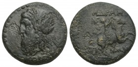 Greek
MYSIA. Adramytion. 2nd century B.C. Æ. 4.0 gr. 16.2 mm
Laureate head of Zeus left / Rider on horse rearing right
 monogram to upper left, ΑΔΡΑΜΥ...