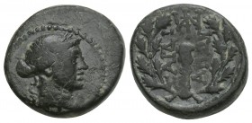 Greek LYDIA. Sardes. Circa 133 BC-AD 14. AE (Bronze, 15.7 mm, 3.7 gr
Laureate head of Apollo to right. Rev. ΣAPΔI-ANΩN Club; all within oak wreath; to...