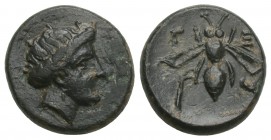 Troas. Gentinos circa 400-300 BC.
Bronze Æ
13.4mm., 2g.
Female head (Aphrodite or Artemis) right / Γ-E-N, bee, palm tree to left.
very fine
Belli...