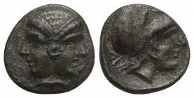 Greek Mysia, Lampsakos. 4th-3rd centuries B.C. AR diobol (11.5 mm, 1.2 g, ).
 Female janiform head / ΛAM, head of Athena right, wearing crested Corint...