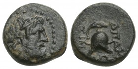 Greek Phrygia. Apameia circa 133-48 BC. Bronze Æ 12.1 mm, 2.3 g 
Head of Zeus right / [Α]ΠΑM[...], helmet facing, maeander pattern below. very fine Cf...
