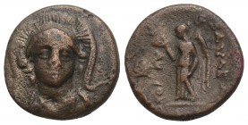 Greek SELEUKID KINGS OF SYRIA. Antiochos I Soter, 281-261 BC. AE (Bronze, 14.1 mm, 2.30 g), Smyrna or Sardes.
 Facing bust of Athena, wearing triple-c...